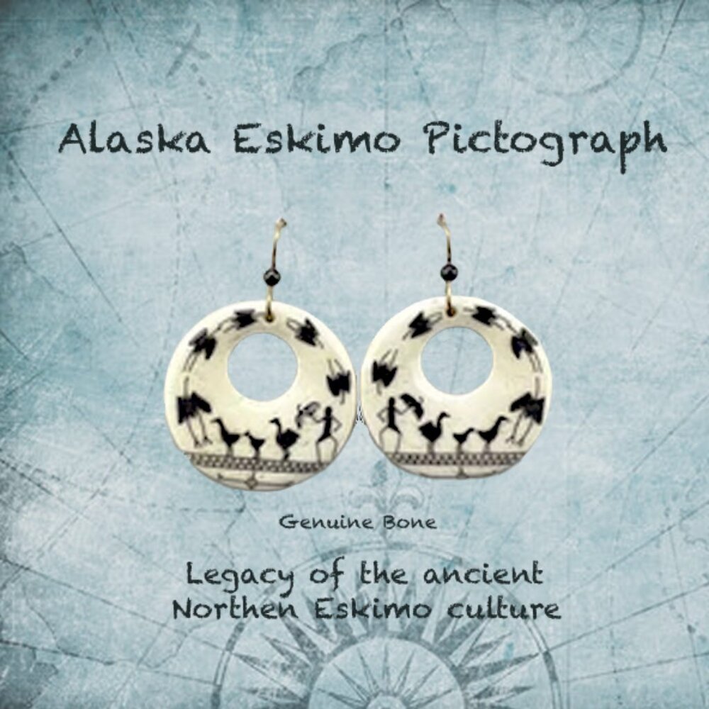 Vintage handcrafted  bone earrings scrimshaw of traditional Alaska Eskimo design